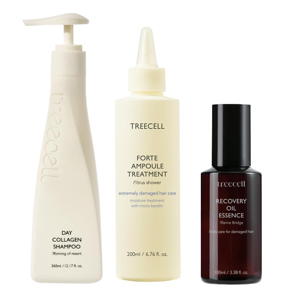 TREECELL Collagen Hair Care Routine Bundle – Day & Night Shampoos + Recovery Oil Essence for Hydration, Strength & Shine | For All Hair Types