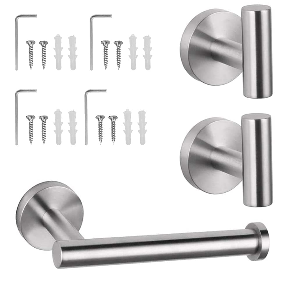 Xderlin SUS 304 Stainless Steel Wall Mounted - Includes Toilet Paper Holder, 2X Robe Towel Hooks Bathroom Accessories Kit， 3-Pieces Bathroom Hardware Set -Stainless Steel
