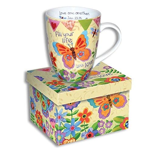 Beautiful Ceramic Coffee Cup - MUG with SCRIPTURE - FILL Your LIfe with LOVE - COLORFUL Matching GIFT BOX - LATTE Tea Inspirational RELIGIOUS Christmas Gift PSALMS Bible LOVE Joy FAITH