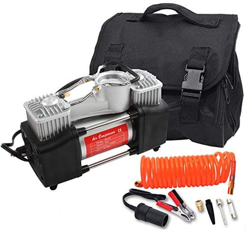 ADP Tire Air Compressor, Double Cylinders 5 Piece Oil-Free 12V Electric Inflator Pump with Portable Bag, 150 PSI Compressors Kit with Nozzle Adapters and Fuse for Car, Truck, SUV Tires, Van