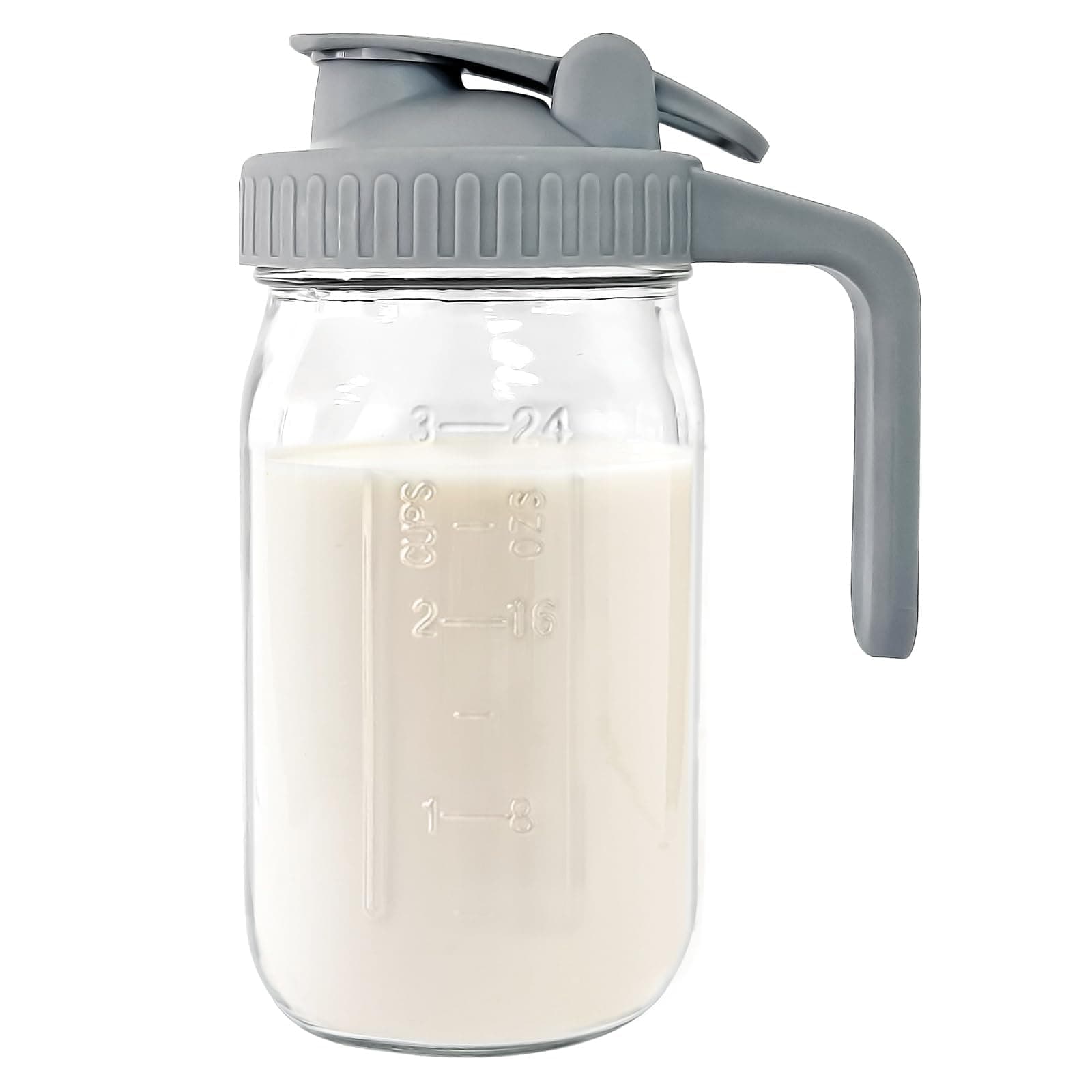 Breast Milk Pitcher - 32 oz Glass Mason Jar with Dual Leak-Proof Design, Airtight Seal, Pour Spout & Handle, Storage Container for Breastmilk, Iced Tea & Ice Drinks(Gray)