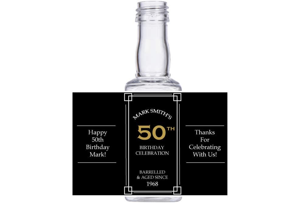 12 Personalized 50th Birthday Celebration Square Mini Liquor Bottles, caps, and Custom Labels for Your Birthday Event Party