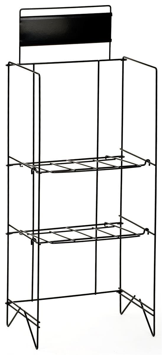 Displays2go 46" H Wire Industrial Newspaper Stand with 2 Adjustable Shelves and 14" x 4" Nameplate - Black