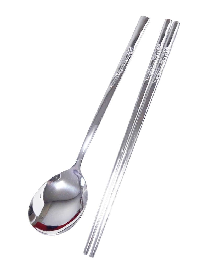 Set of 5 Korean Traditional Style Cutlery Bamboo Carved Stainless Steel Spoons and Chopsticks