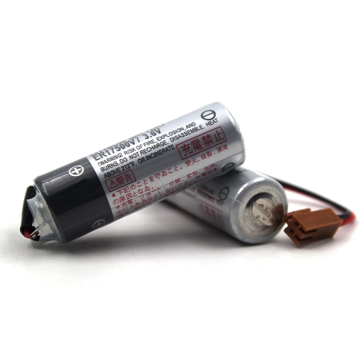 elxjar (2-Pack) 3.6V 3500mAh ER17500V Battery Replacement for Denso Mitsubishi Toshiba PLC Controller with RD029 Connector (Brown), Li-SOCl₂ Memory Backup Battery, LS17500MER
