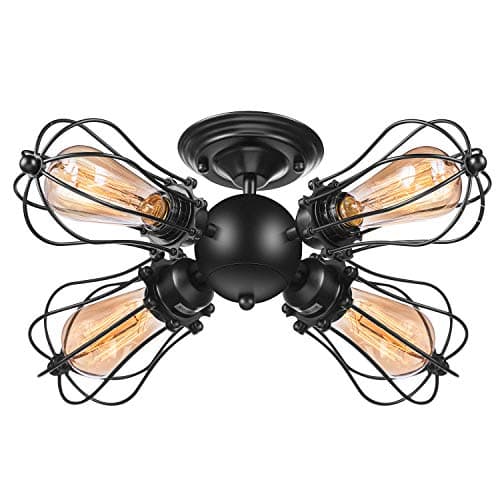 Vintage Wire Cage Semi Flush Mount Ceiling 4-Light Licperron Industrial Antique Black Metal Caged Ceiling Fixture for Living Room Dining Room Kitchen