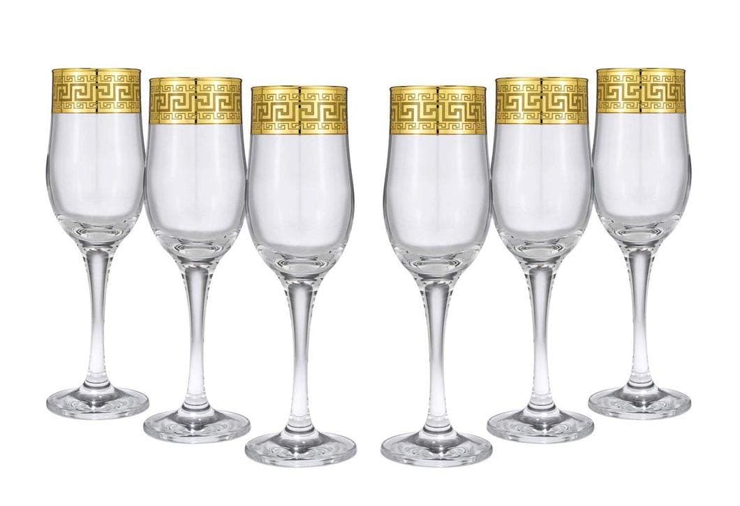 Champagne Flutes - 6 Pc Clear Stem Greek Key Inspired (8 oz)- Vintage Style Gold Rimmed - Perfect Glassware for Wine, Cocktails, and Champagne - Unique Gift - Premium Glasses Drinking Set