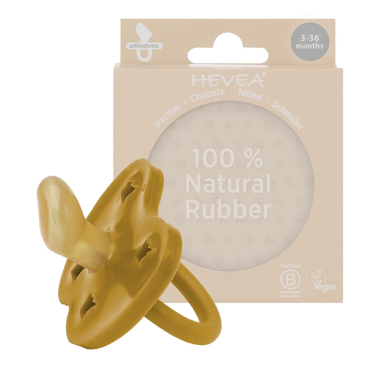 HEVEA Natural Rubber Pacifier ORTHODONTIC 3-36 Months – Hygienic One Piece Design for Newborns to Toddlers, BPA-Free, Soft & Durable - Single-Pack ( Golden Honey)