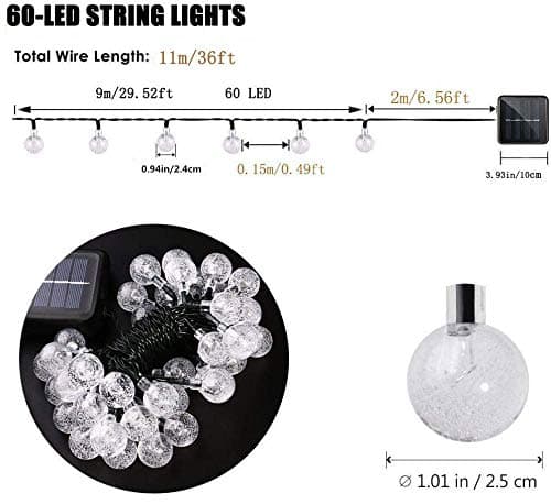 36ft(11M) 60 LED String Outdoor IP65 Waterproof Solar Powered Crystal Ball Decorative Lighting 8 modes for Garden, Patio, Yard, Home, Chrismas Tree, Parties(White)