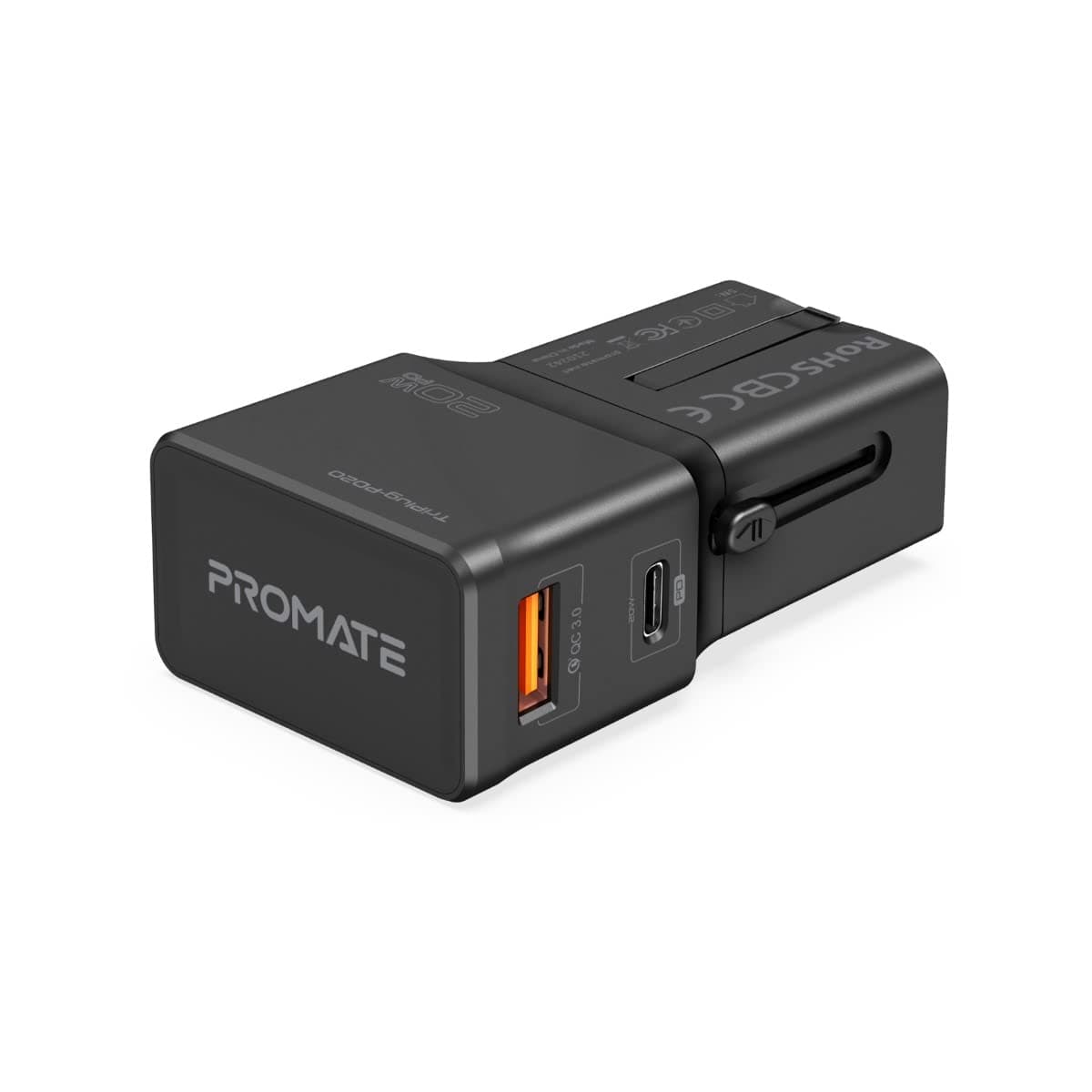 Promate Travel Adapter, All-In-One International Travel Power Charger with 20W Fast USB-C Charging Port, Qualcomm QC 3.0 and Smart Surge Safety for USA, EU, UK, AUS, Cellphones, TriPlug-PD20 Black