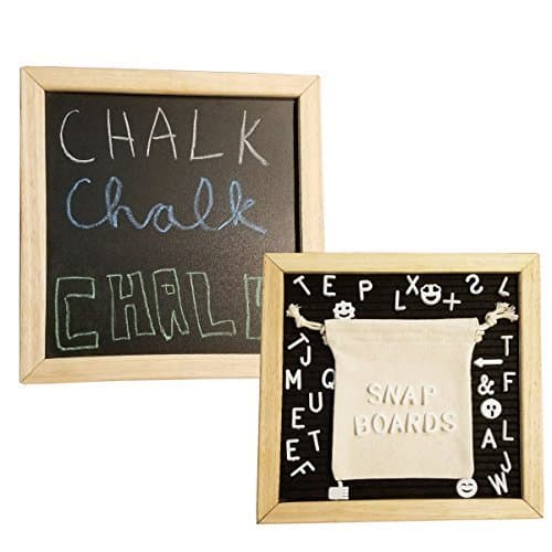 Snap Boards Double Sided Felt Letter Board and Chalkboard Set, 10 X 10 Inch Oak Wood Frame, 340 Letters/Characters, Chalk Markers, Letter Bag, Easel Stand, Cloth Eraser, and Scissors