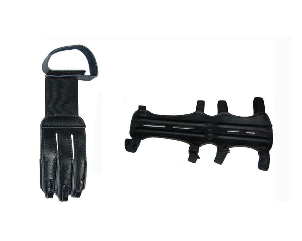 Sososhoot New Combination Black Lightweight 4-Strap Arm Guard 1+1 Glove Black Leather 3Finger Suitable for Archery Hunting/Target Archery Protective Gear