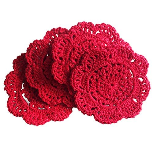 gracebuy Red Set of 4 PCS 4 Inch Round Handmade Crochet Lace Placemats Coasters Doilies