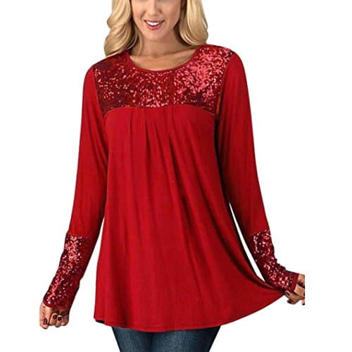 Goddessvan Women's Tops Long Sleeve Sequins O-Neck Casual Tunic Blouse Shirt Pullover (XL, Red)