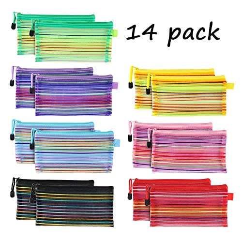 A6 Zipper Mesh Pouch, SEEOOR Colorful Pencil Pen Bag Document Bag Storage Pouch for Travel Cosmetics Makeup, Offices Supplies, Travel Accessories (14 Pieces)