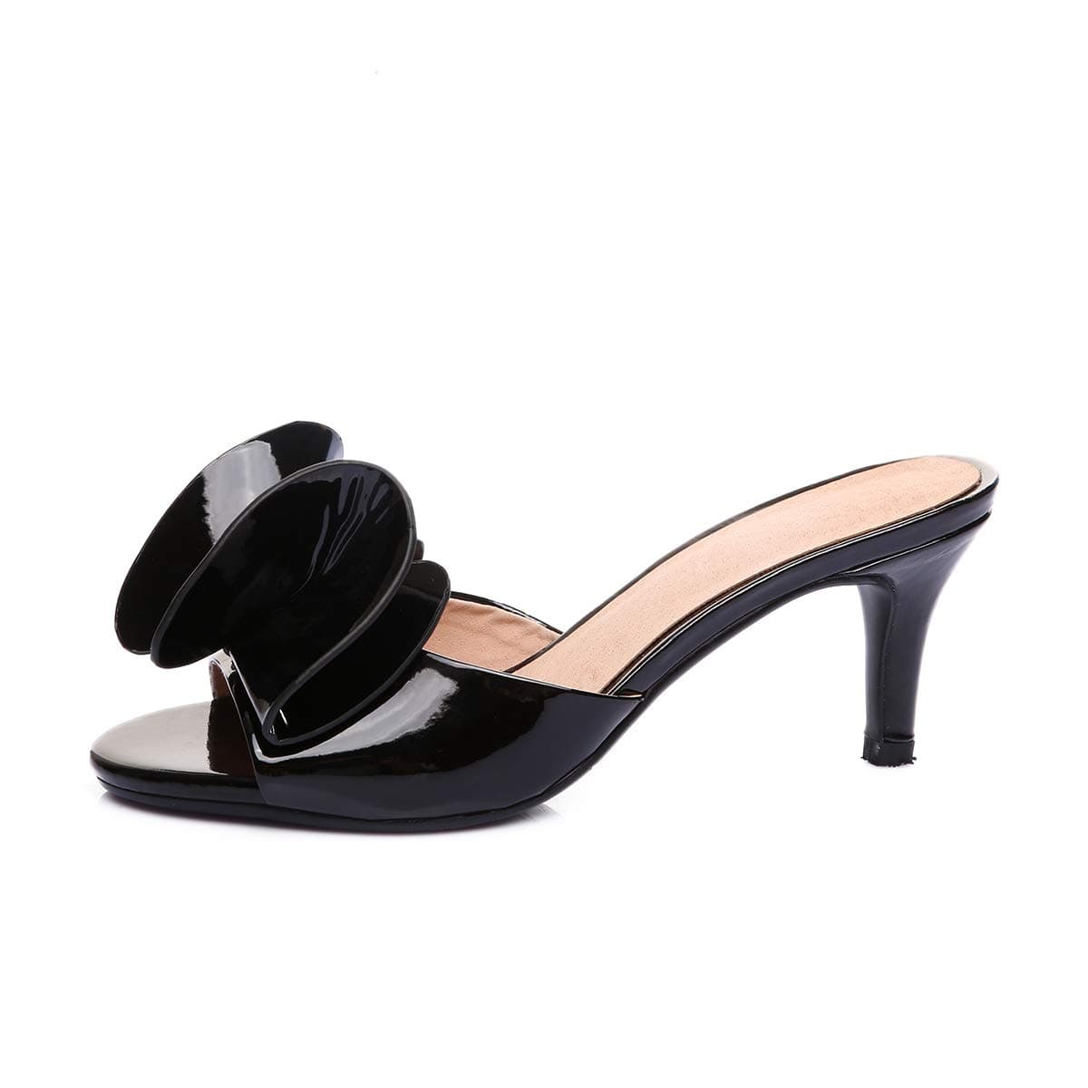 SUNROLAN Women's Leather Stiletto Pump Mules Sandal Open Toe Bow Slide Dress Kitten Heel Sandals Shoes Black 38