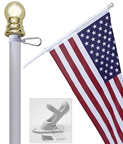 American flag and pole kit set: Includes a 3x5 ft US flag made in USA, 6 ft aluminum tangle free spinning flag pole with carabiners, and flagpole holder wall mount bracket (White)