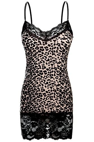 Bozzolo Women's Leopard Print Lace Trim Spaghetti Adjustable Strap Long Tank Cami Top