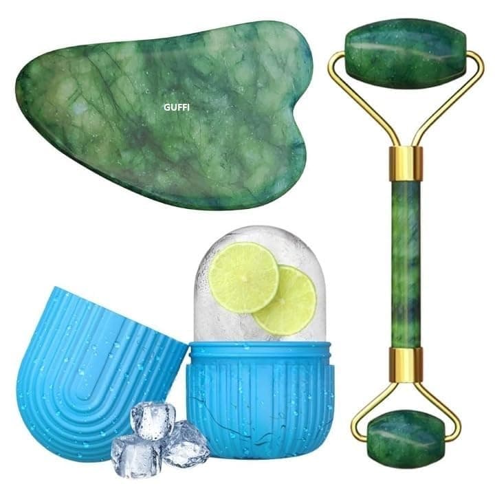 GUFFI Jade Roller & Gua Sha Stone Set of 3 With Ice Roller for Face, Facial Tool, Ice Massager, Face Massager