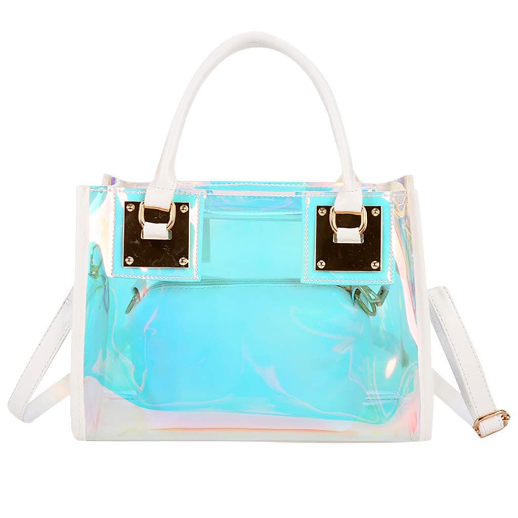✿ Womens 2 in 1 Transparent Sequin Tote Bag PVC Plastic Waterproof Crossbody Shoulder Bag with Adjustable Strap Stadium Bag + Cosmetic Bag Zipper Purse Girls Makeup Handbag