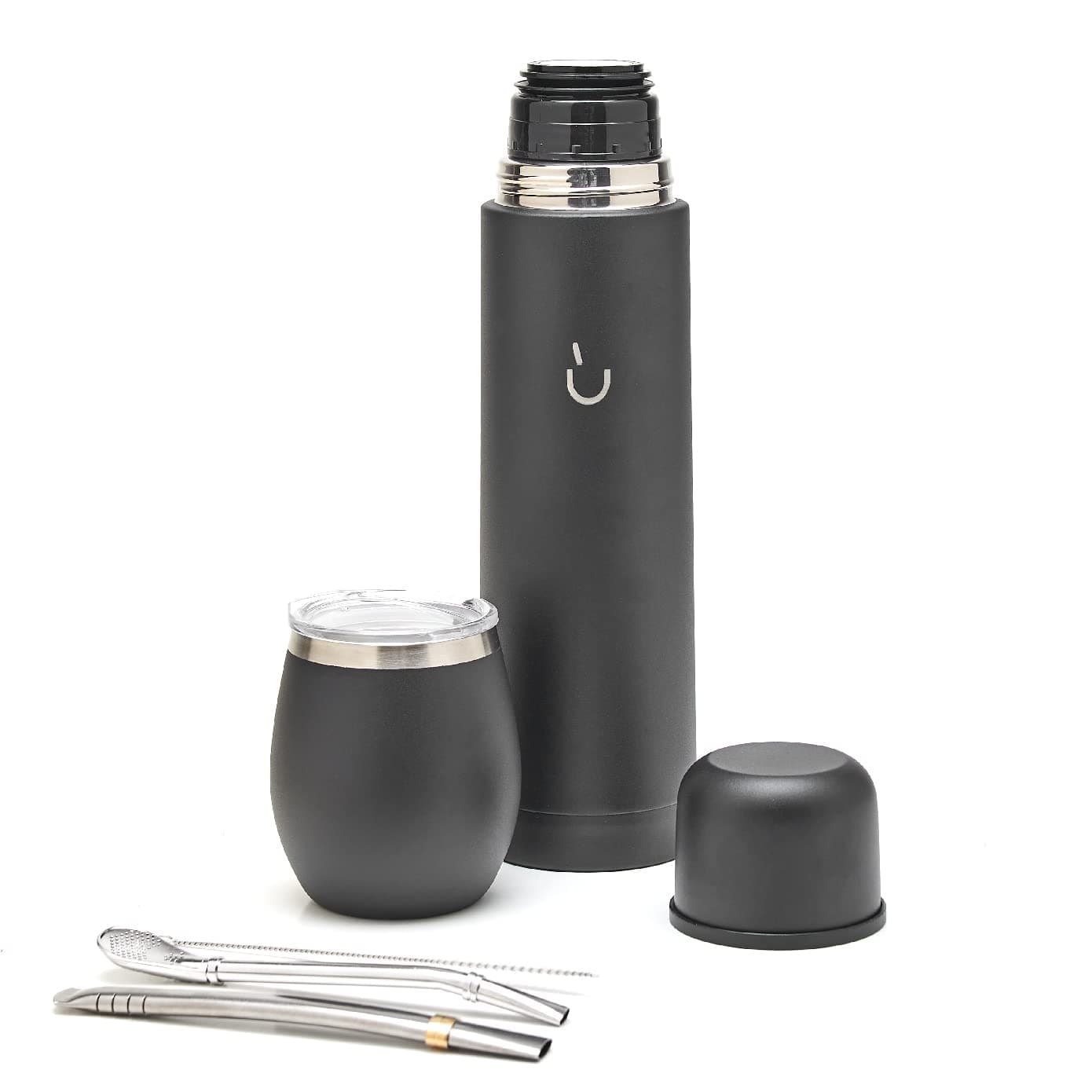 balibetov Complete Yerba Mate Set - Modern Mate Gourd, Vacuum Flask, Bombilla and Cleaning Brush Included - All Premium Quality 304 18/8 Stainless Steel (Black)