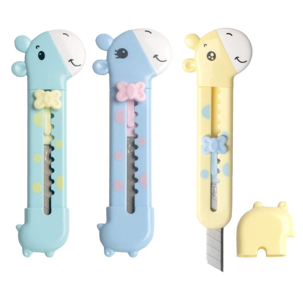 Deli Cute Retractable Box Cutters, 3 Utility Knife, Sharp Cartons Cardboard Cutter Razor, Smooth Mechanism Perfect for Office and Home Use