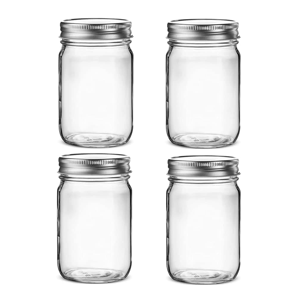 4 pack Glass Regular Mouth Mason Jars, Clear Glass Jars with Silver Metal Lids for Sealing, Food Storage, Overnight Oats, Dry Food, Snacks, Candies, DIY Projects (16 oz