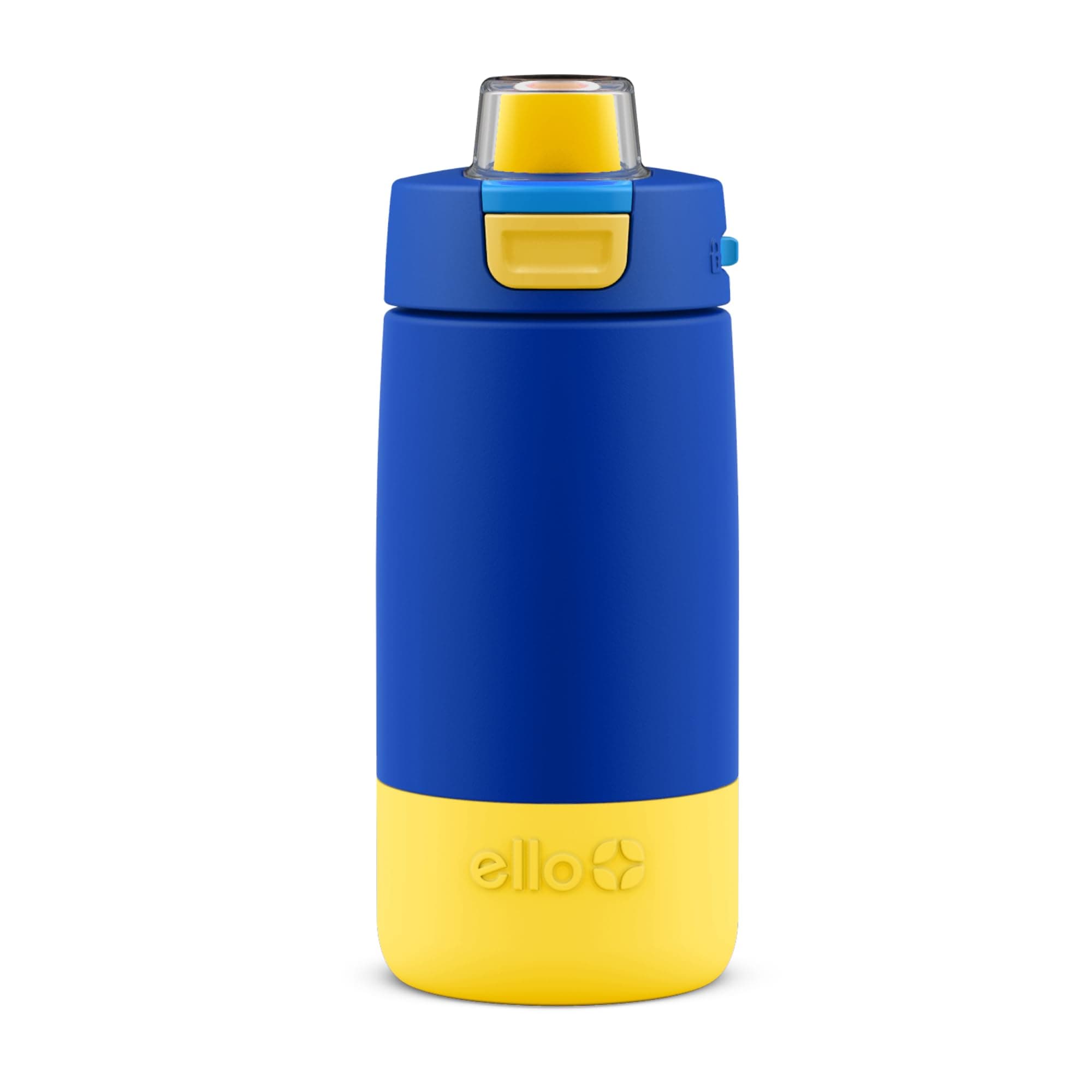 ElloKids Colby 12oz Stainless Steel Insulated Water Bottle with Straw and Built-in Silicone Coaster Carrying Handle and Leak-Proof Locking Lid for School Backpack, Lunchbox, and Outdoor Sports, Blue