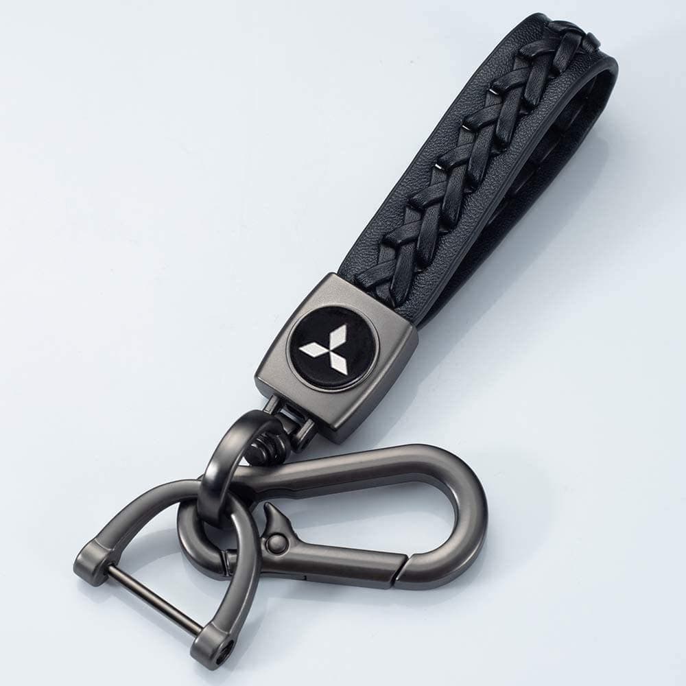 Black Color Car Logo Keychain Leather Braided Weave Key Lanyard Key Ring Car Accessories (fit mitsubishi)