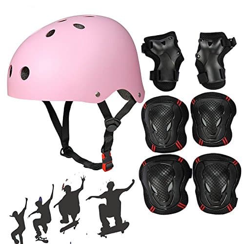 Adjustable Skateboard Skate Helmet with Protective Gear Knee Pads Elbow Pads Wrist Pads for Youth Outdoor Sports, BMX, Skateboard, Scooter, Bike, Roller, Kid's Protective Gear Set Pink M