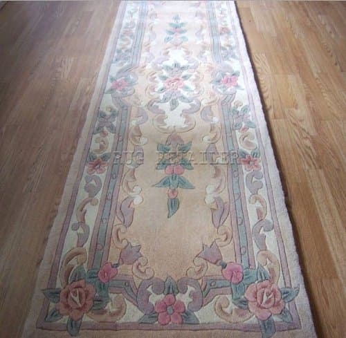 Chinese Wool Rugs In Beige Handmade Traditional Aubusson Design - Hallway Runner 65x210cm
