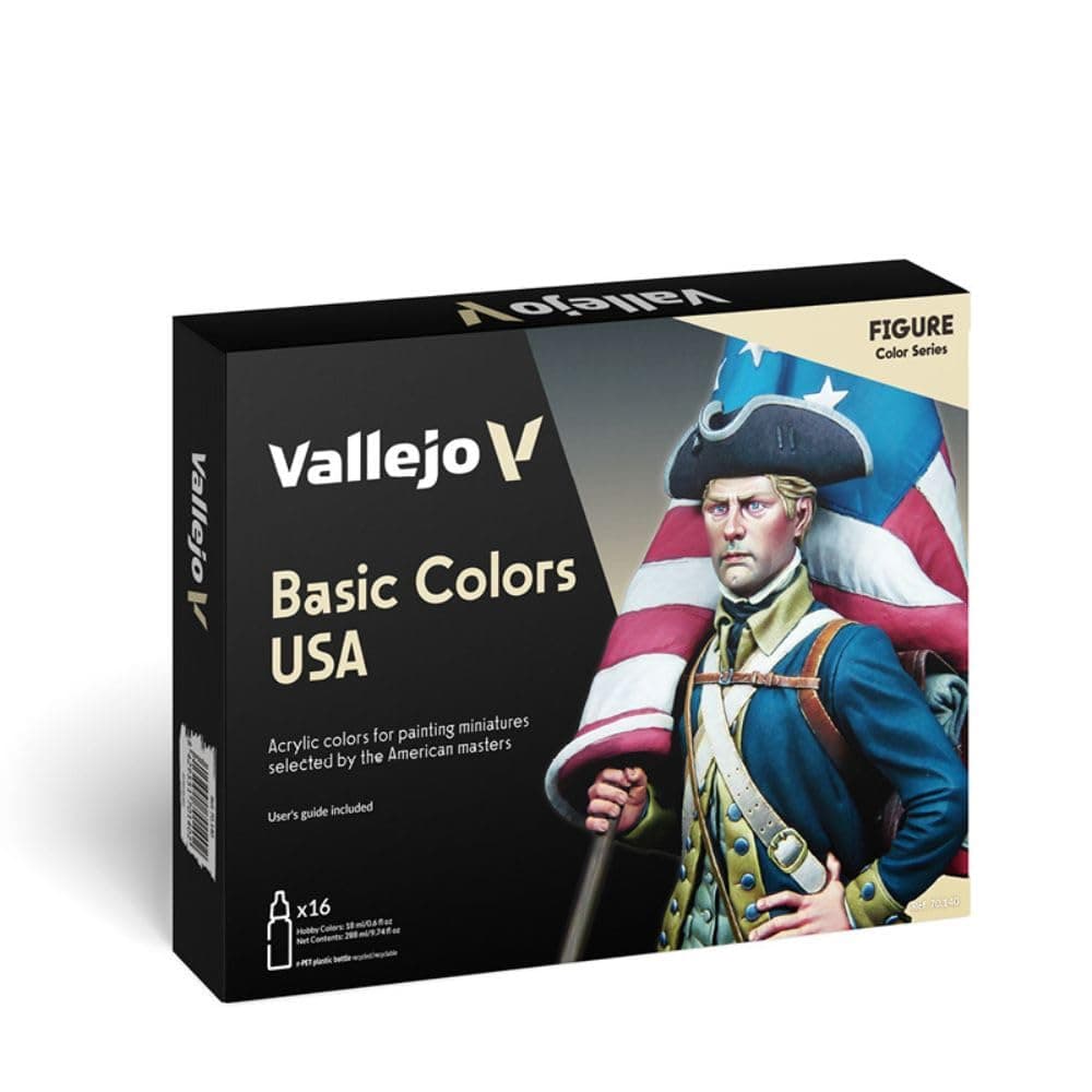Vallejo - Basic Colors USA Acrylic Paint Set | Model Color | Figure Color Series Historical Miniature Kit to Achieve Historical Accuracy with Artist-Grade Pigments | 16 Bottles x 18 ml (0.60 fl.oz.)