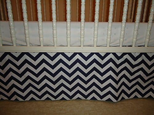 Navy Blue and White Chevron Zig Zag Crib Skirt Dust Ruffle. Box Pleat. 14 Inches Long.
