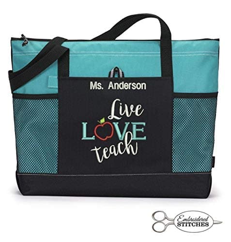 Personalized Teacher Zippered Embroidered Tote - Live Love Teach