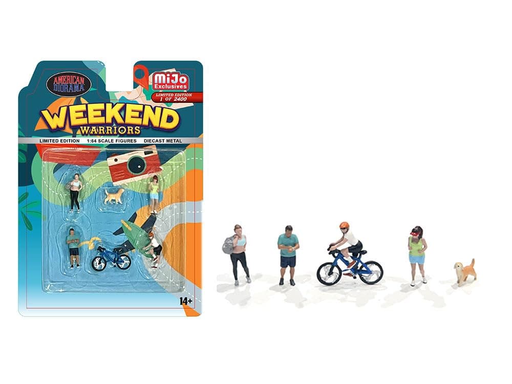 Weekend Warriors 6 Piece Diecast Figure Set (4 Figures, 1 Dog, 1 Bicycle) Limited Edition to 2400 Pieces Worldwide for 1/64 Scale by AD-2402MJ