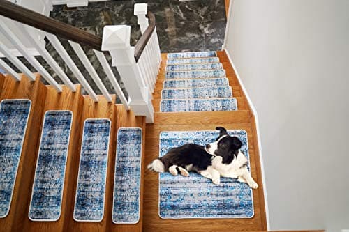 Benissimo Stair Treads Carpet, Landing Latex Non Slip Stair Rugs, Cotton, Modern Printed Design, Vibrant and Soft Non-Skid Stair Runner for Indoor Wooden Step, Set of 13 (9"x32") + 1 (31"x31"), Purple