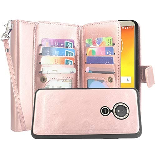 Moto G6 Play Case, Moto G6 Forge Case, Lacass Detachable 2 in 1 Luxury PU Leather Flip Wallet Case with 12 Card Slots and Wrist Strap for Motorola Moto G Play 6th Gen (XT1922) - Rose Gold
