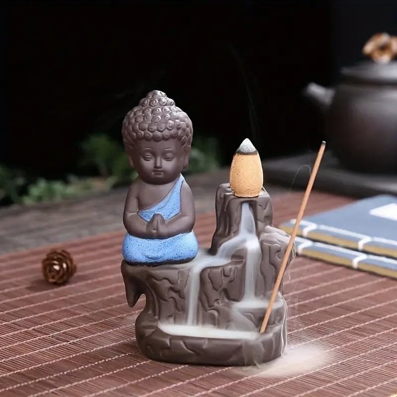 Craftvatika Meditating Monk Buddha Smoke Backflow Cone Incense Holder Showpiece For Office Desk,Living Room,Home Decor Decoration Gift Items,Buddha Smoke Fountain For Home Decor - Multicolor