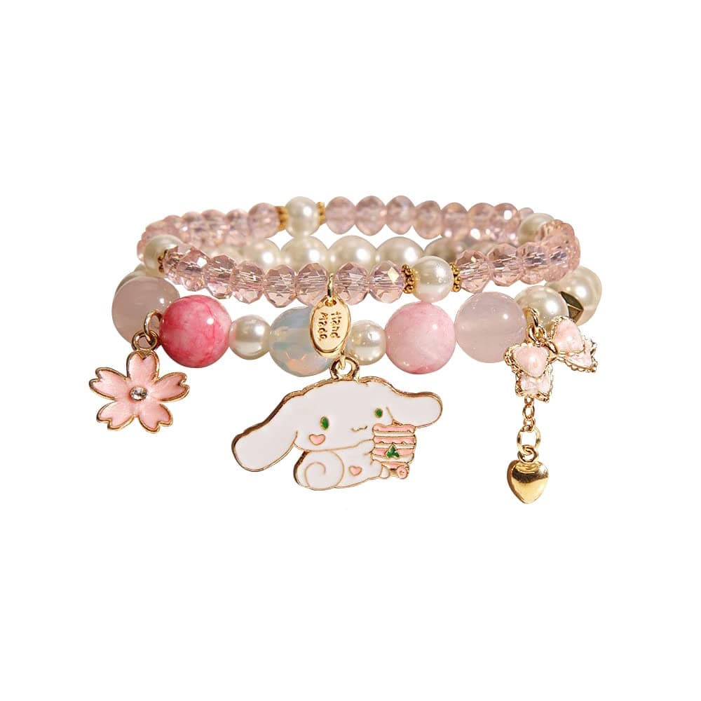 Kawaii Bracelets Set Crystal Beads Cinnamoroll Bracelet Cute Cartoon Elastic Beaded Pearl Bracelets Anime Jewelry Christmas Stocking Stuffers for Women Bff Friendship Gift (Pink)