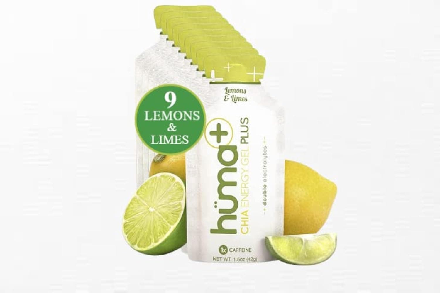 Huma Chia Energy Gel Plus - Lemons & Limes - 9 count x 42g - 23gr Carbs, 240mg Sodium, Double Electrolytes, 1x Caffeine, 25mg Caffeine, 100% All Natural, Vegan, Gluten Free,