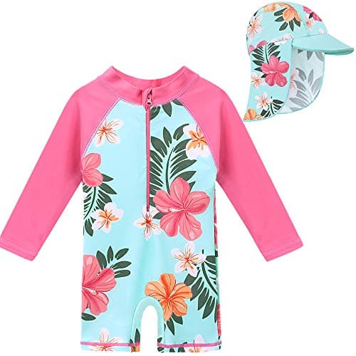 Baby/Toddler Girl Swimsuit Long Sleeve Swimwear Rashguard with Hat