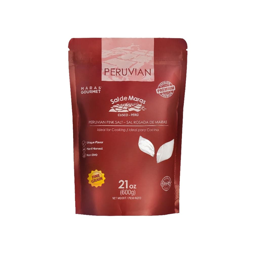 MARAS GOURMET Peruvian Pink | Sal de Maras | Hand-Harvested Fine Grain Pink Salt - Unique Flavor| Fine Salt Pouch 21 oz. (600g)