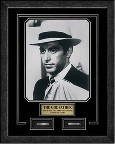 The Godfather Movie Memorabilia Al Pacino as Don Michael Corleone Framed Movie Photo, Plate, Bullets Custom Made Real Wood Modern Charcoal Frame (13 x 17)