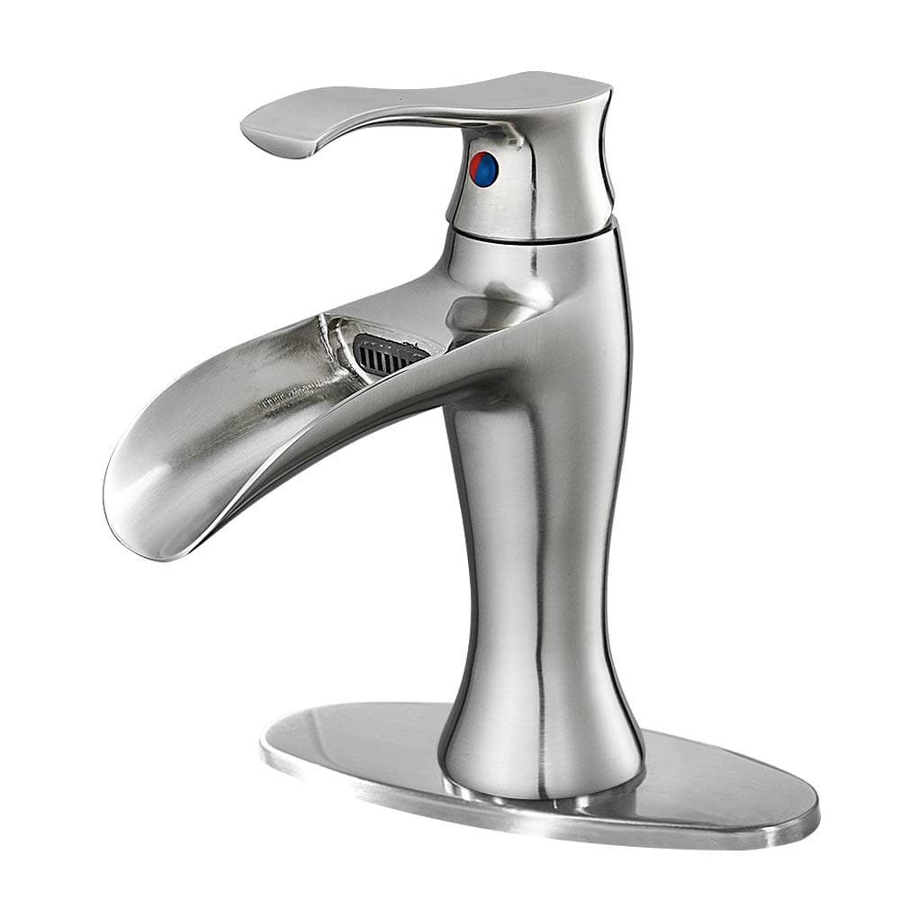 Hoimpro Commercial Single Handle Bathroom Sink Faucet,Rv Single Hole Brass Bathroom Faucet With Waterfall Spout,Single Lever Lavatory Vessel Sink Faucet Vanity,Copper/Brushed Nickel(1 or 3 Hole)