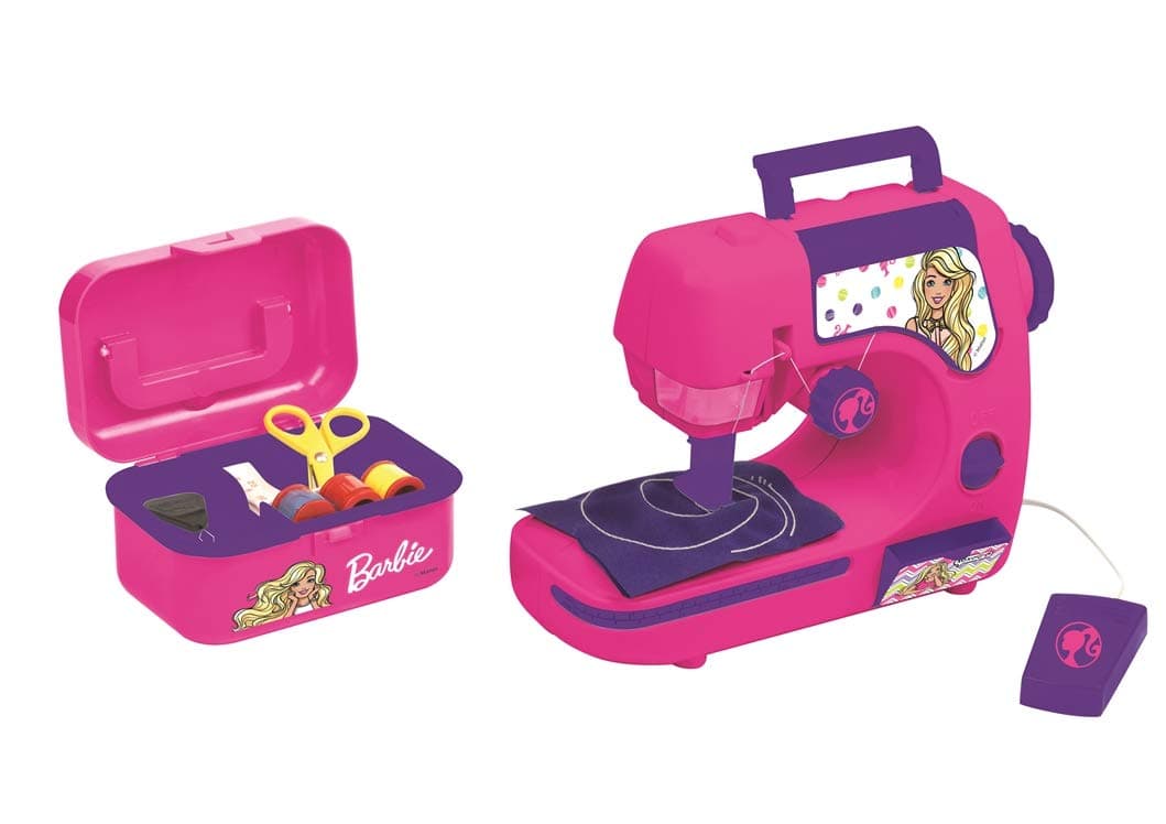 Lexibook Mattel Barbie, sewing machine with accessories, light and pedal, imitation role play toy for girls, fashion design game, pink/purple, SW100BB