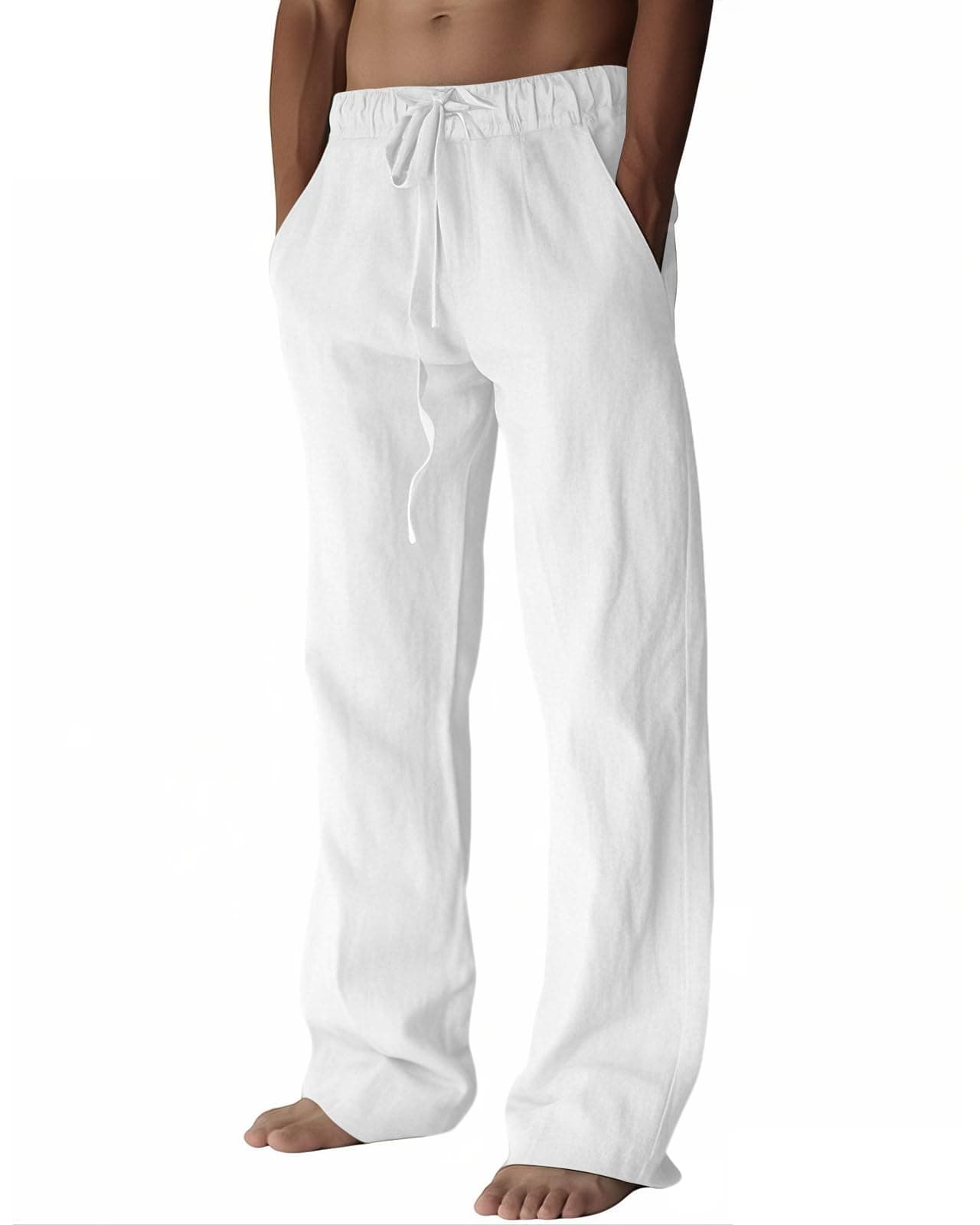 Mens Cotton Linen Pants, Summer Beach Pants Casual Loose Fit with Elastic Waist Drawstring
