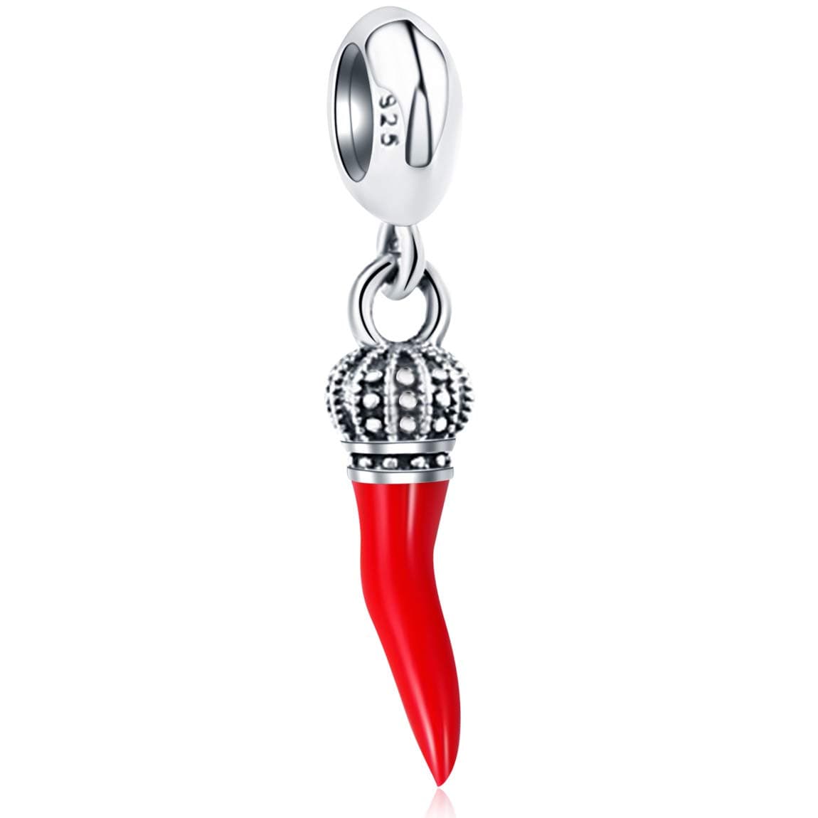 Red Italian Horn Charm Pendant, 925 Sterling Silver Corno Chili Pepper Dangling Bead, Fit Pandora Style Bracelet Necklace