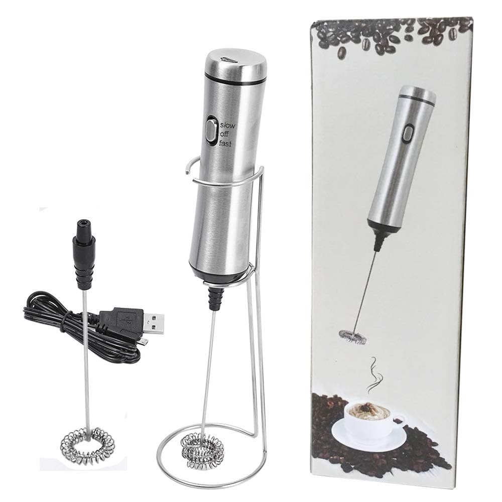 Henghan HH015 Electronic Handheld Wand Rechargeable Stainless Steel Frappe Maker with 2 Spiral Whisk Mixer Head for Hot and Cold Milk Froth, Normal, SS