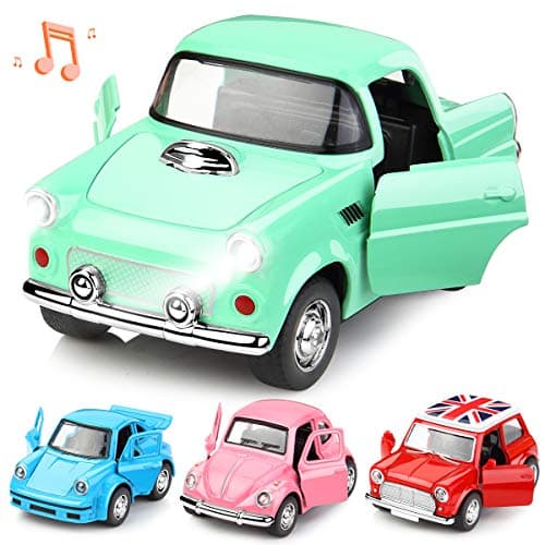 Geyiie Diecast Car Classic Model Vehicle Toys, Pull Back and Go Vehicles Car Play Set Toys with Lights and Music,Open Door,Mini Preschool Car Toys for Boys,Girls,Toddlers,Kids, 4 Pack