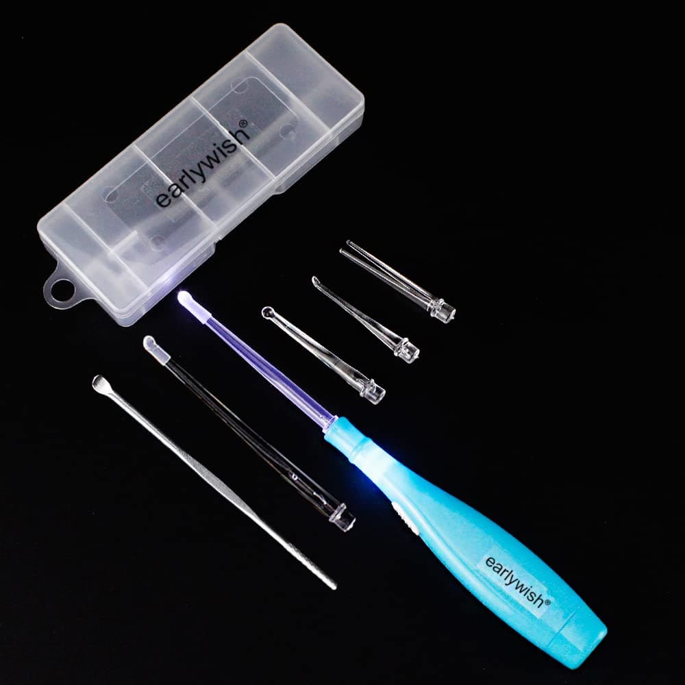Upgraded 6.75" Long Lighted Tonsillolith Pick Tonsil Stone Remover Tool with 5 Tips, Blue Handle with LED Light